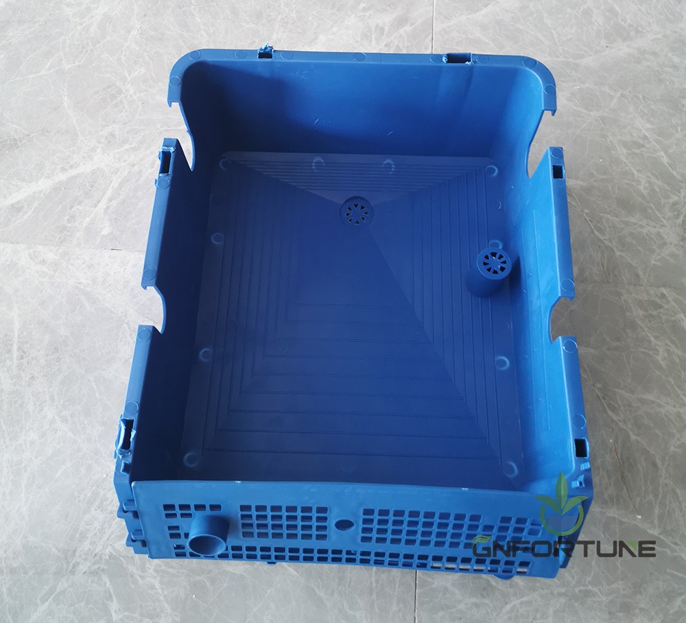 Interior and vented wall detail of a PP crab farming box with base drains