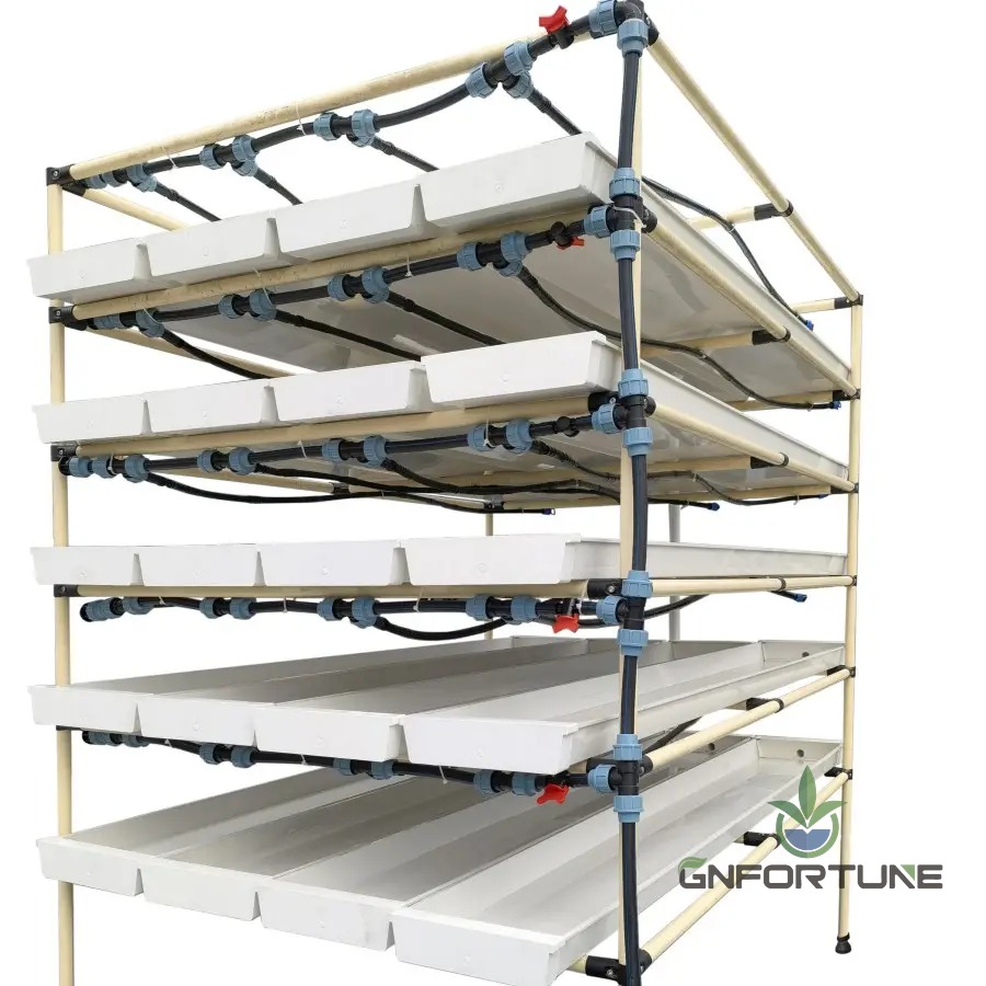 Multi-tier fodder system frame with drip irrigation lines and empty growing trays