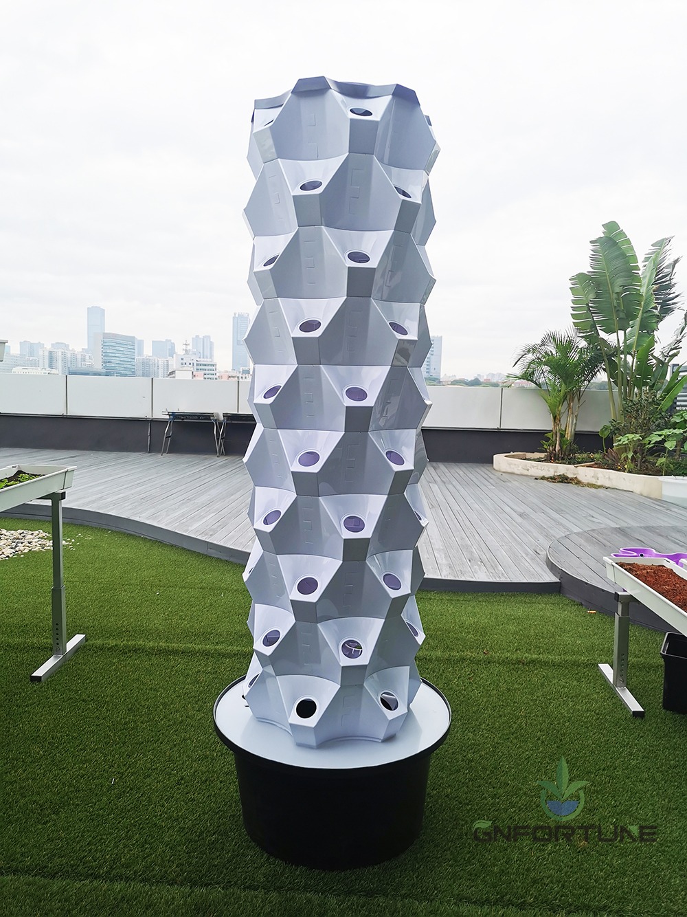 Closeup of the stacked layers and growing pockets of a hydroponic garden tower
