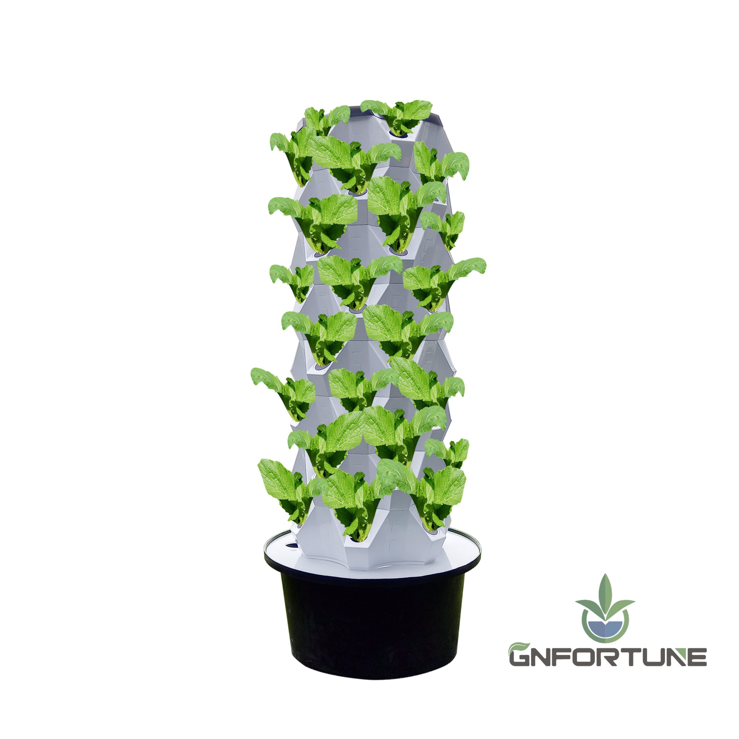 White vertical hydroponic garden tower kit with lettuce growing in every layer